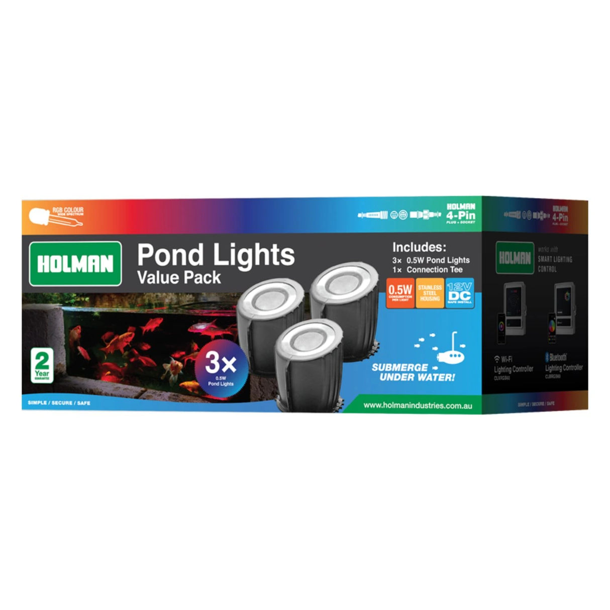 Holman RGB Colour Pond Light Kit – 3× 0.5W Submersible Lights