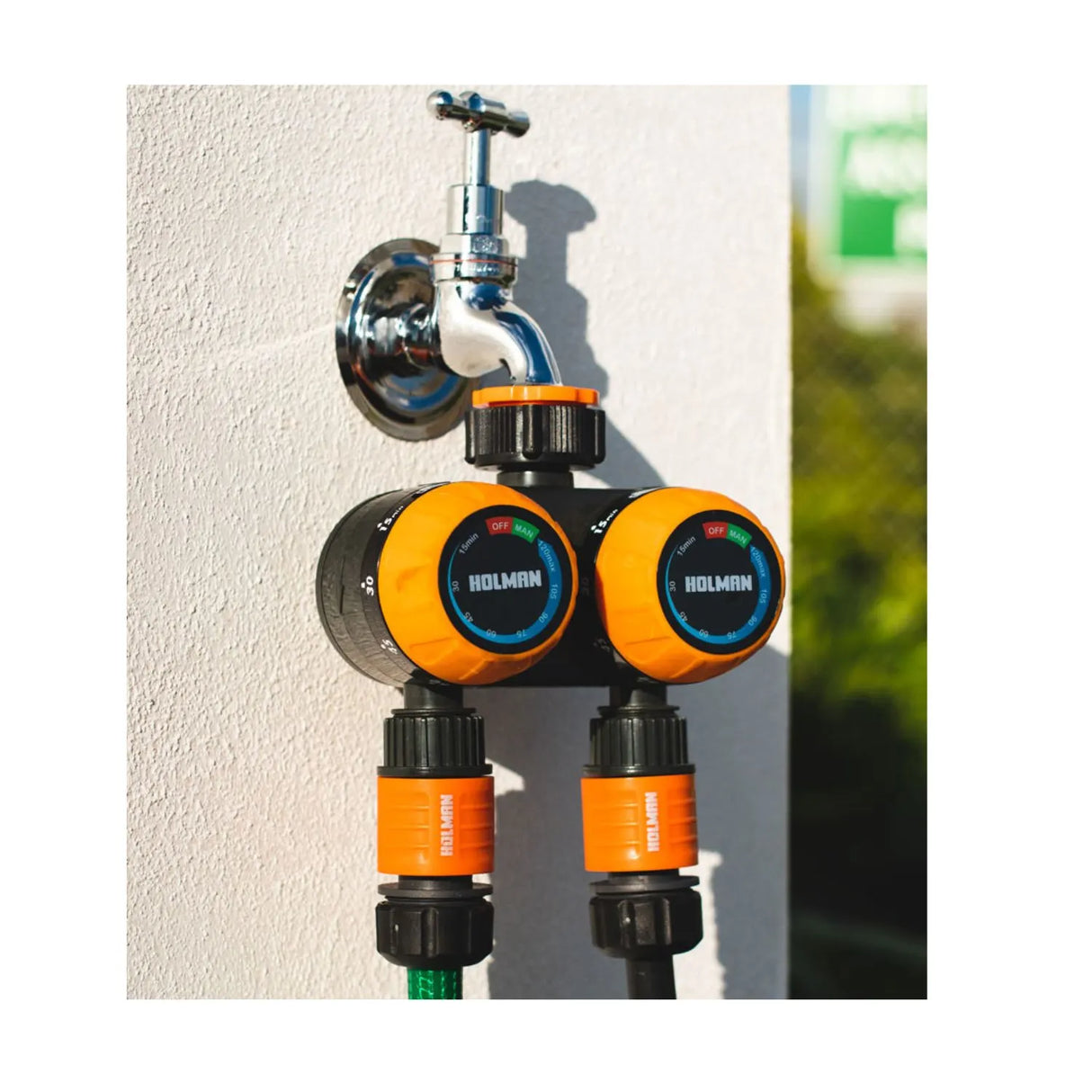 side view of Holman Dual Outlet 2-Hour Mechanical Tap Timer 